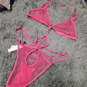 Victoria's Secret Vibrant Pink Mesh Strappy Teddy Lingerie